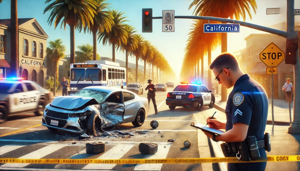 car accident scene in California showing two cars with visible damage on a busy street car accident scene in California showing two cars with visible damage on a busy street