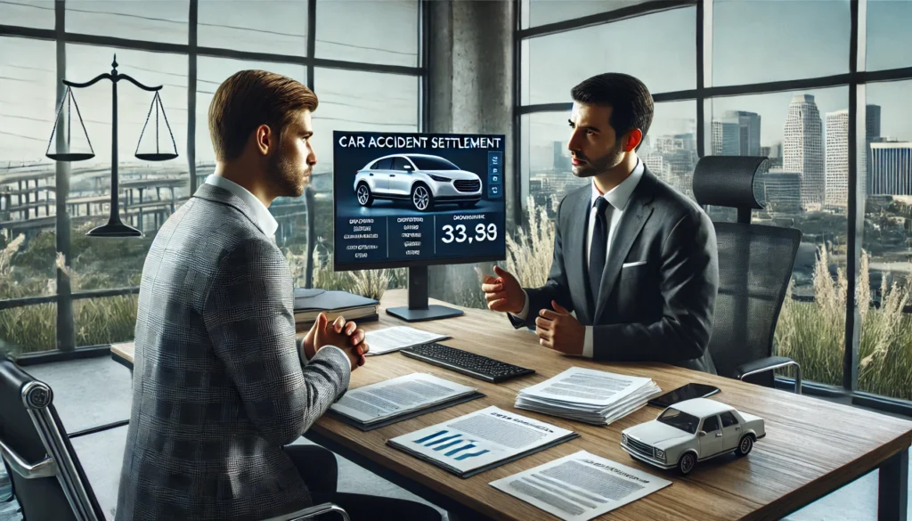 lawyer meeting with a client in a law office explaining the potential car accident settlements in CA lawyer meeting with a client in a law office explaining the potential car accident settlements in CA