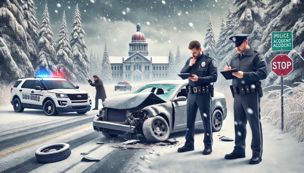 car accident scene in Michigan with two cars damaged on a snowy road car accident scene in Michigan with two cars damaged on a snowy road