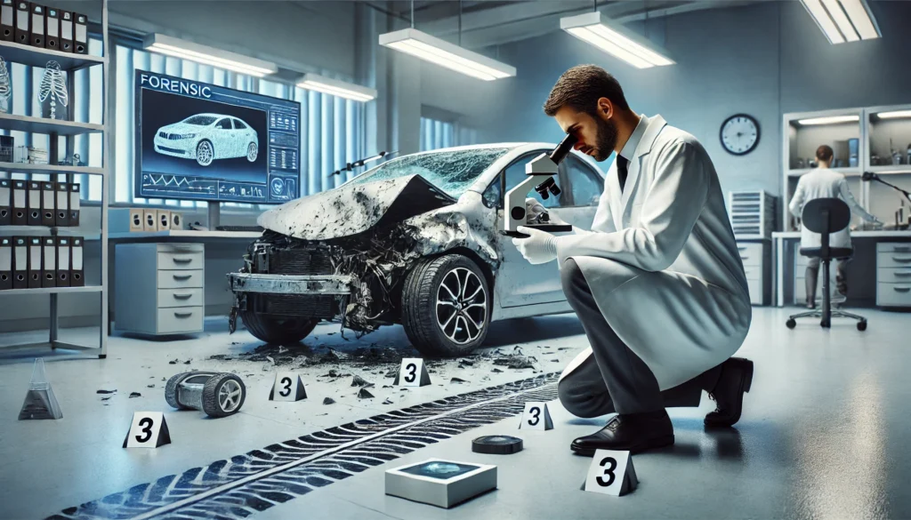 expert analyzing evidence from a car accident in a modern forensic lab expert analyzing evidence from a car accident in a modern forensic lab