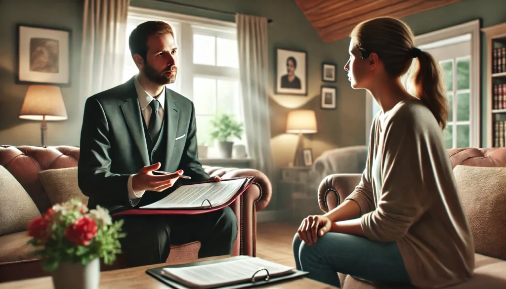 lawyer discussing the car accident lawyer's fees with a client in a cozy living room setting lawyer discussing the car accident lawyer's fees with a client in a cozy living room setting