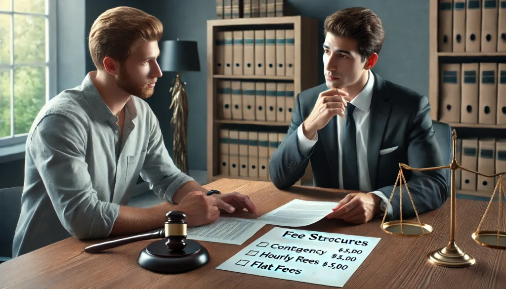 lawyer sitting at a desk with a client in an office lawyer sitting at a desk with a client in an office