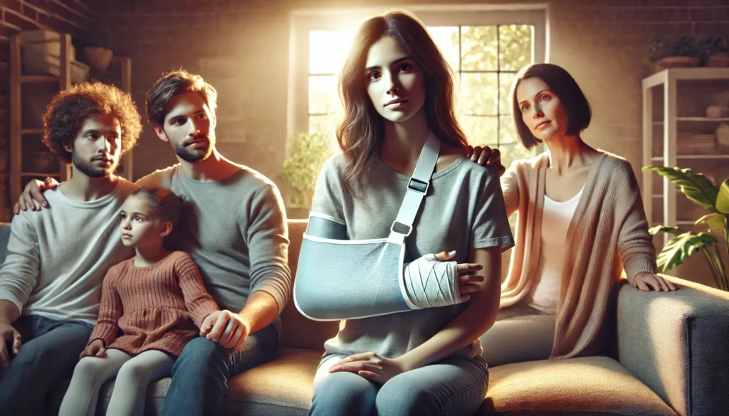 woman with a splinted arm at home surrounded by her family woman with a splinted arm at home surrounded by her family